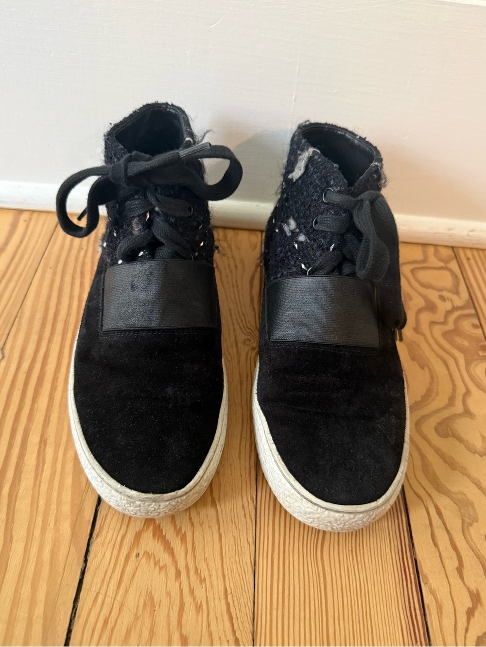 Authentic Chanel Black Suede Tweed Sneakers